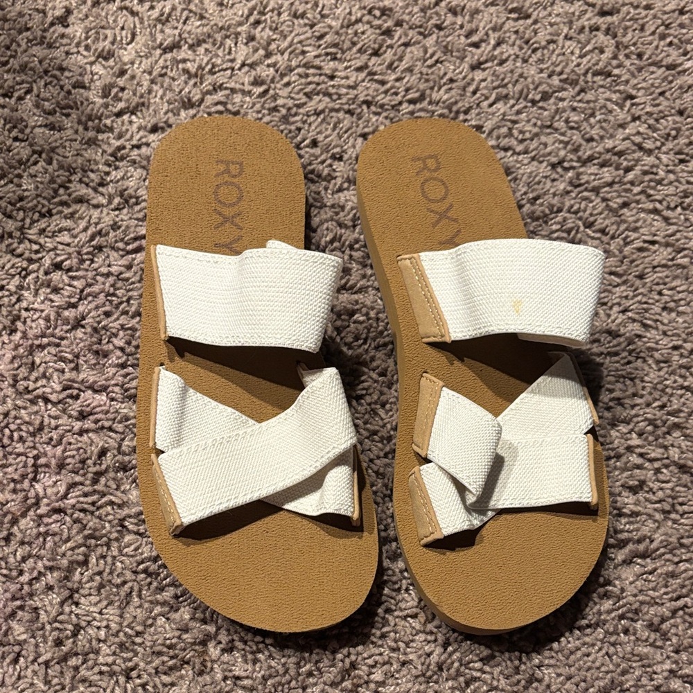 Roxy  White Canvas Dual-Strap Slide Sandals with Tan Footbed